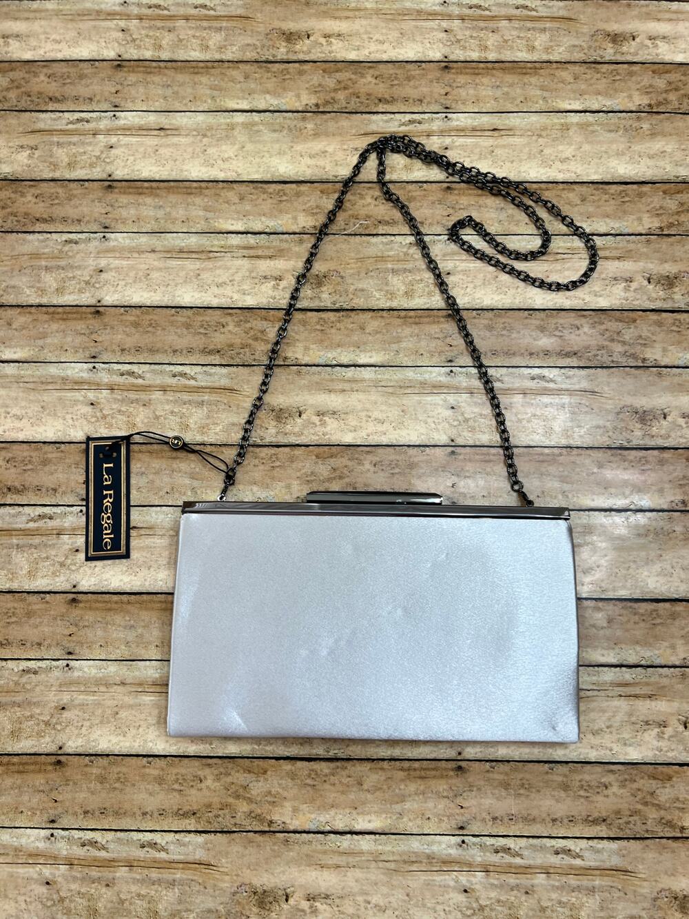 La Regale Rectangular Silver Chain Clutch Shoulder Bag Evening Purse RL30800
